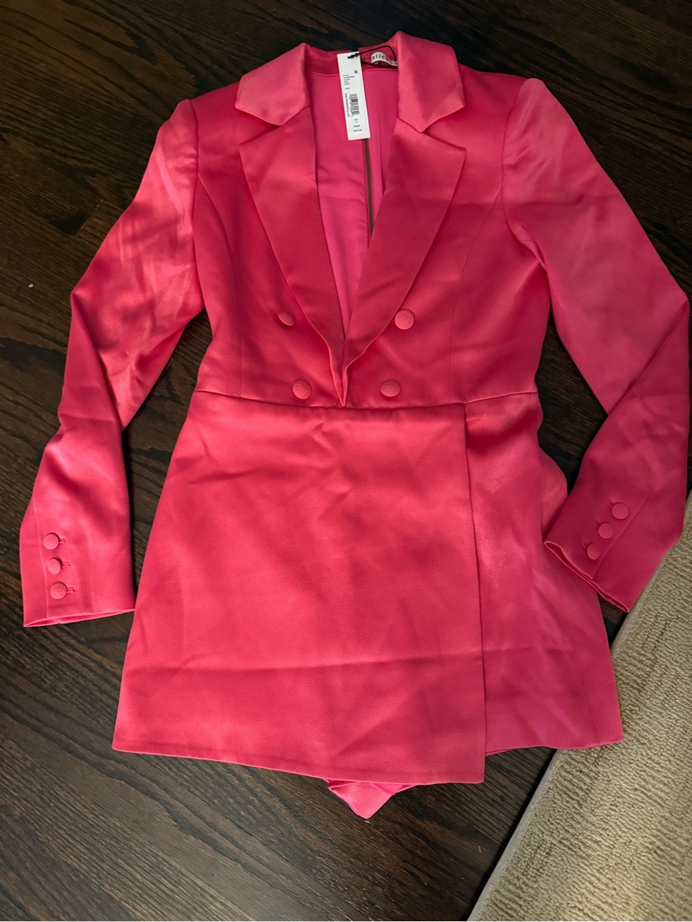 Alice + Olivia Mayra Notch-Collar Tuxedo Romper Double-Breasted Blazer Hot Pink